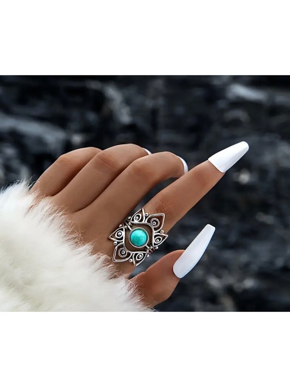 New - Gorgeous - Silver with Inlaid Turquoise - Boho Style Ring - Size 7